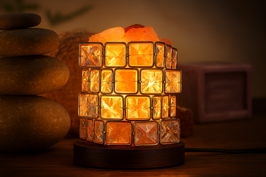Himalayan Crystal Salt Lamp with Iron Cube Design