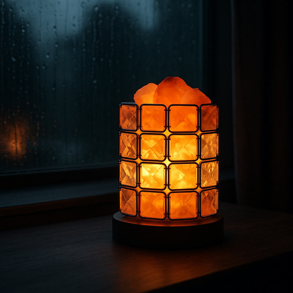 Himalayan Crystal Salt Lamp with Iron Cube Design